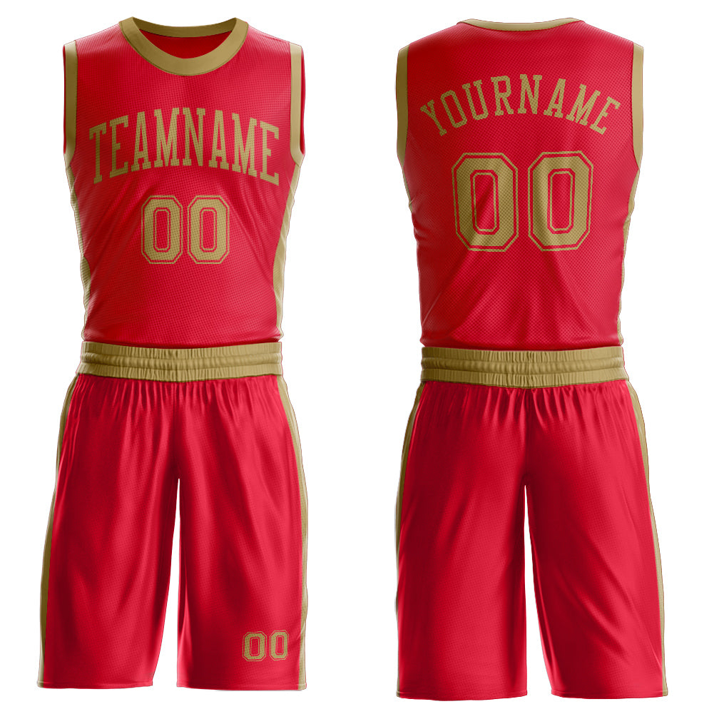 Custom Red Old Gold Round Neck Basketball Uniform Jersey
