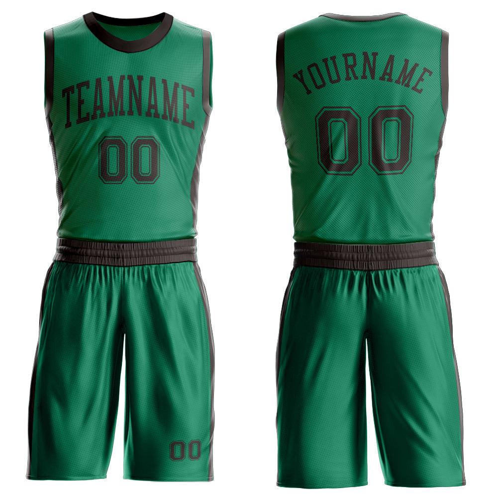 Custom Kelly Green Brown Round Neck Suit Basketball Jersey