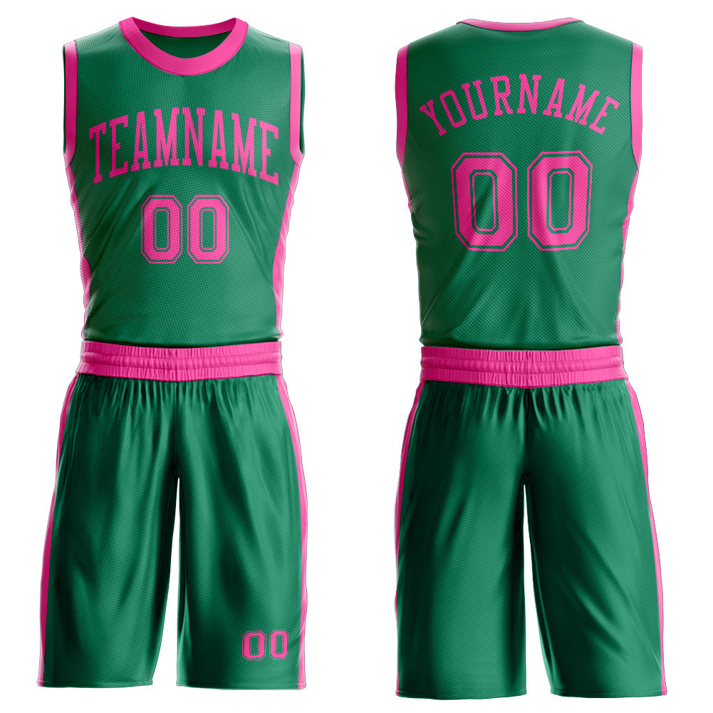 Custom Kelly Green Pink Round Neck Basketball Uniform Jersey
