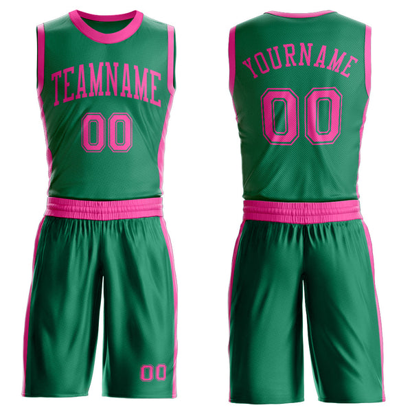 Custom Kelly Green Pink Round Neck Basketball Uniform Jersey