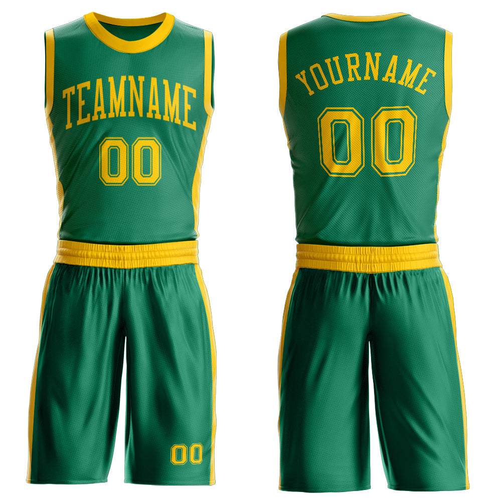 Custom Kelly Green Gold Round Neck Basketball Uniform Jersey