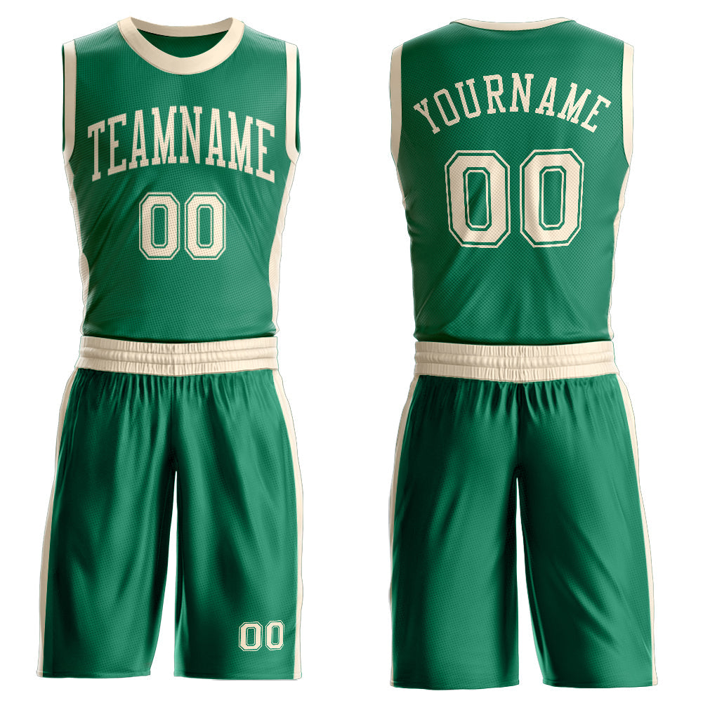 Custom Kelly Green Cream Round Neck Basketball Uniform Jersey