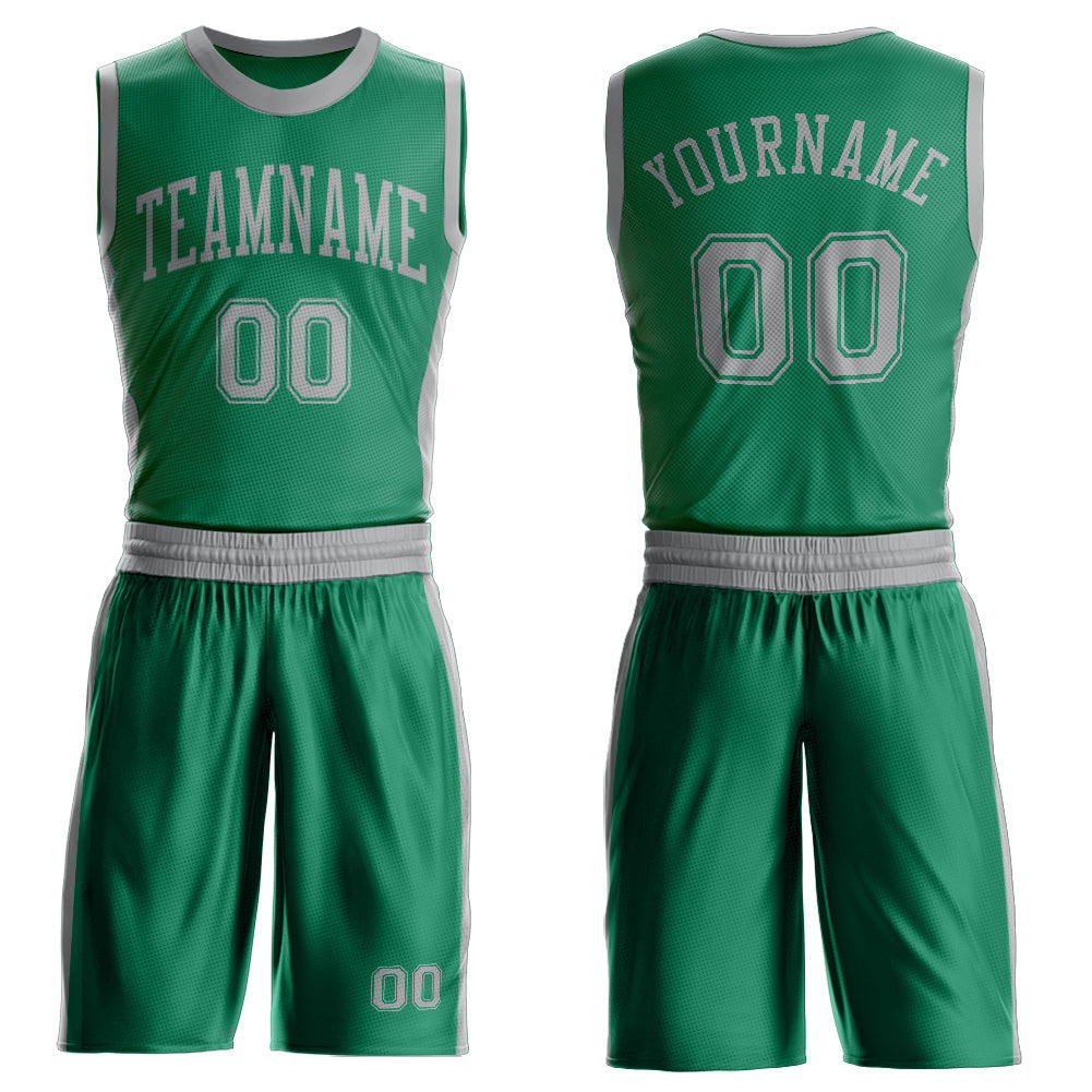 Custom Kelly Green Gray Round Neck Basketball Uniform Jersey