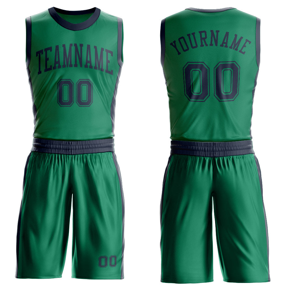 Custom Kelly Green Navy Round Neck Basketball Uniform Jersey