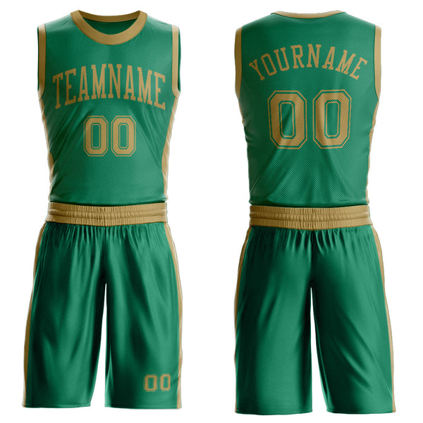Custom Kelly Green Old Gold Round Neck Basketball Uniform Jersey