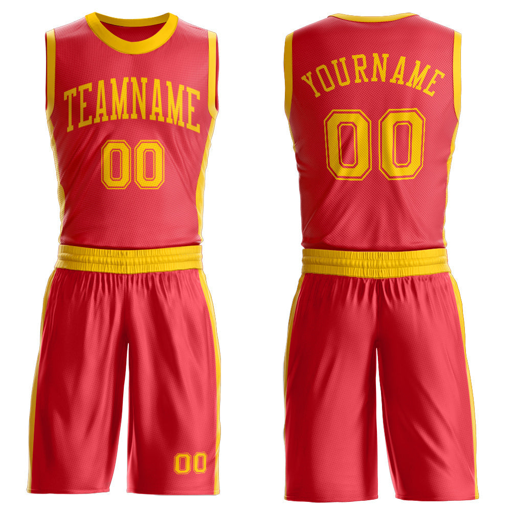 Custom Fire Red Gold Round Neck Basketball Uniform Jersey