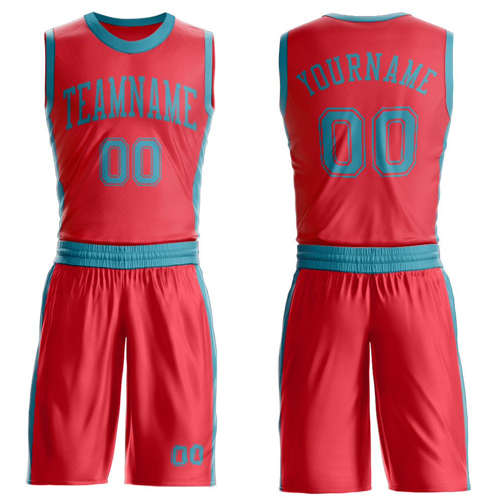 Custom Fire Red Teal Round Neck Basketball Uniform Jersey