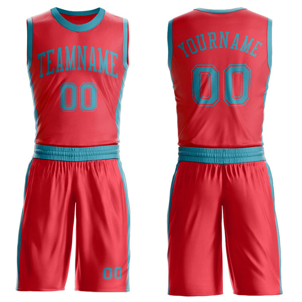 Custom Fire Red Teal Round Neck Basketball Uniform Jersey