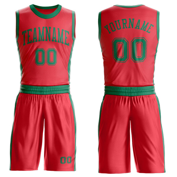Custom Fire Red Kelly Green Round Neck Basketball Uniform Jersey