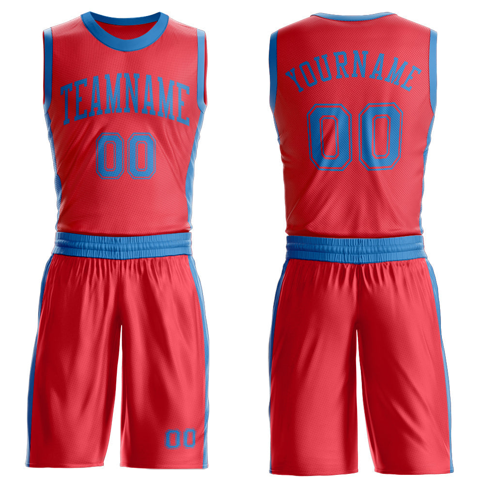 Custom Fire Red Blue Round Neck Basketball Uniform Jersey