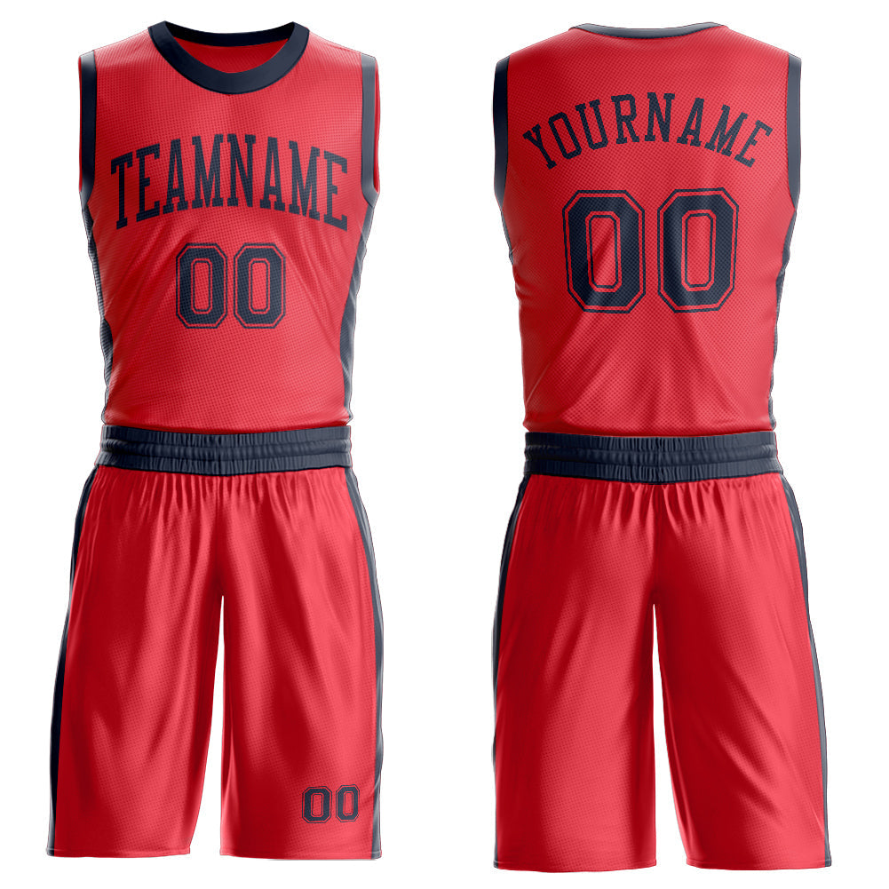 Custom Fire Red Navy Round Neck Basketball Uniform Jersey
