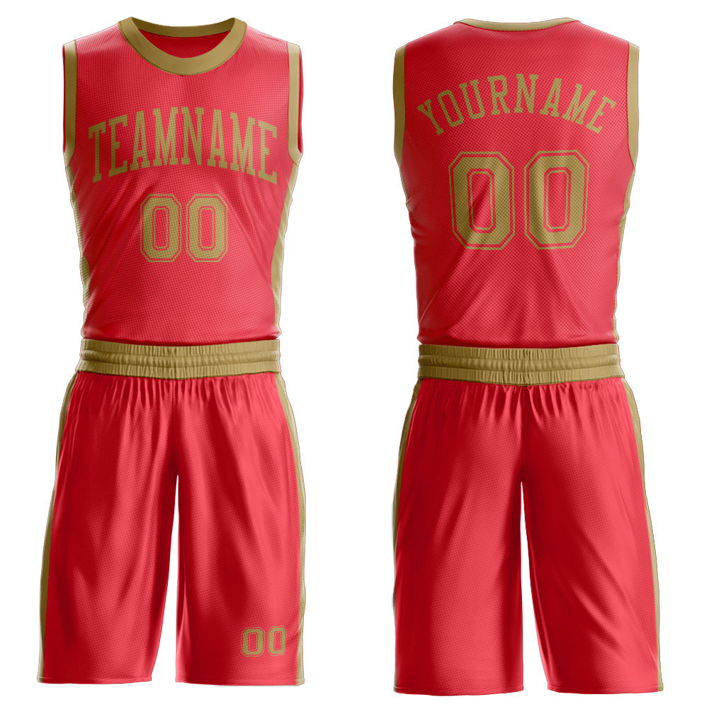 Custom Fire Red Old Gold Round Neck Basketball Uniform Jersey