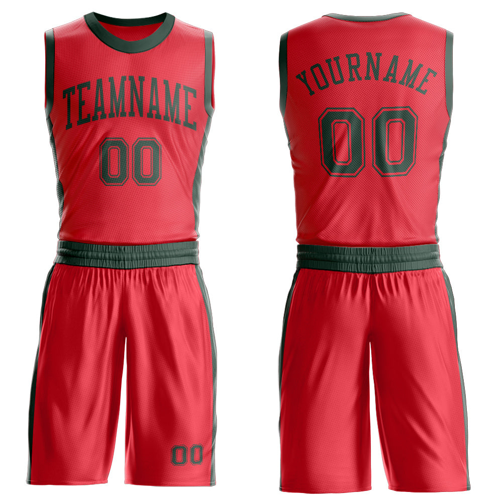 Custom Fire Red Green Round Neck Basketball Uniform Jersey