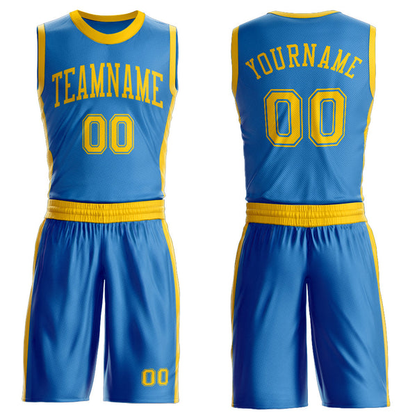 Custom Blue Gold Round Neck Basketball Uniform Jersey