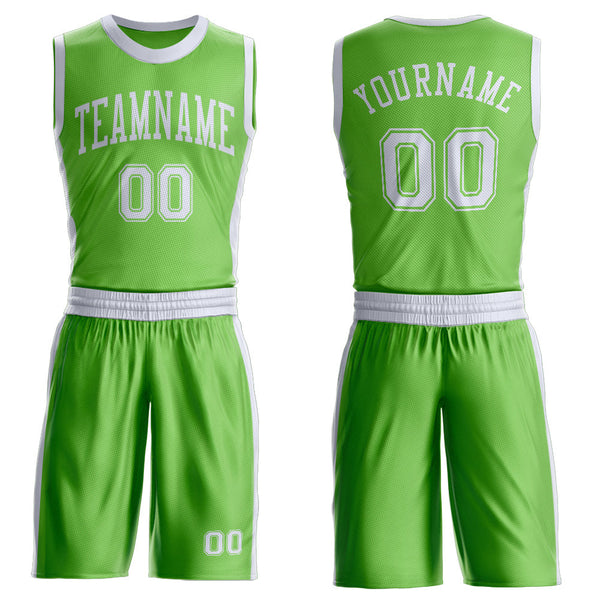 Custom Neon Green White Round Neck Basketball Uniform Jersey