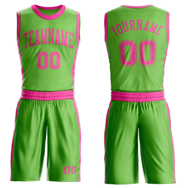 Custom Neon Green Pink Round Neck Basketball Uniform Jersey