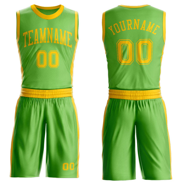 Custom Neon Green Gold Round Neck Basketball Uniform Jersey