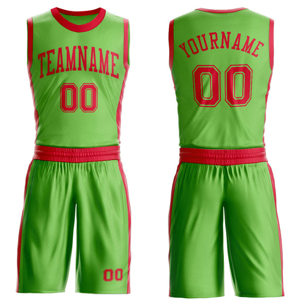 Custom Neon Green Red Round Neck Basketball Uniform Jersey