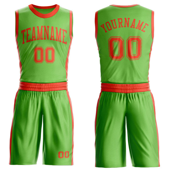 Custom Neon Green Orange Round Neck Basketball Uniform Jersey