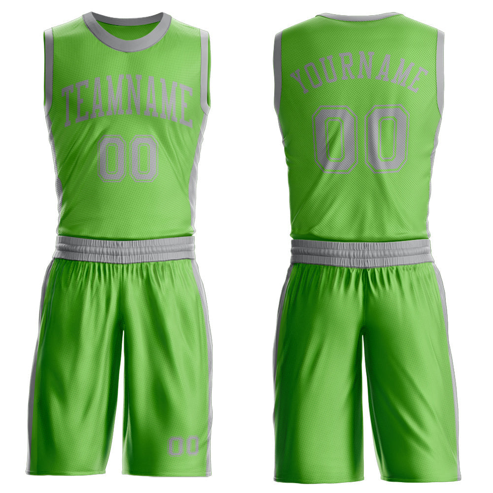 Custom Neon Green Gray Round Neck Basketball Uniform Jersey