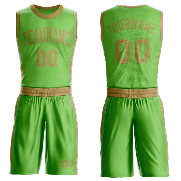 Custom Neon Green Old Gold Round Neck Basketball Uniform Jersey