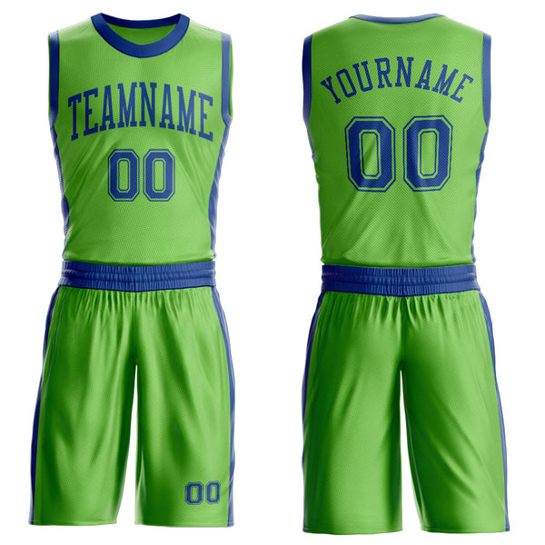 Custom Neon Green Royal Round Neck Basketball Uniform Jersey