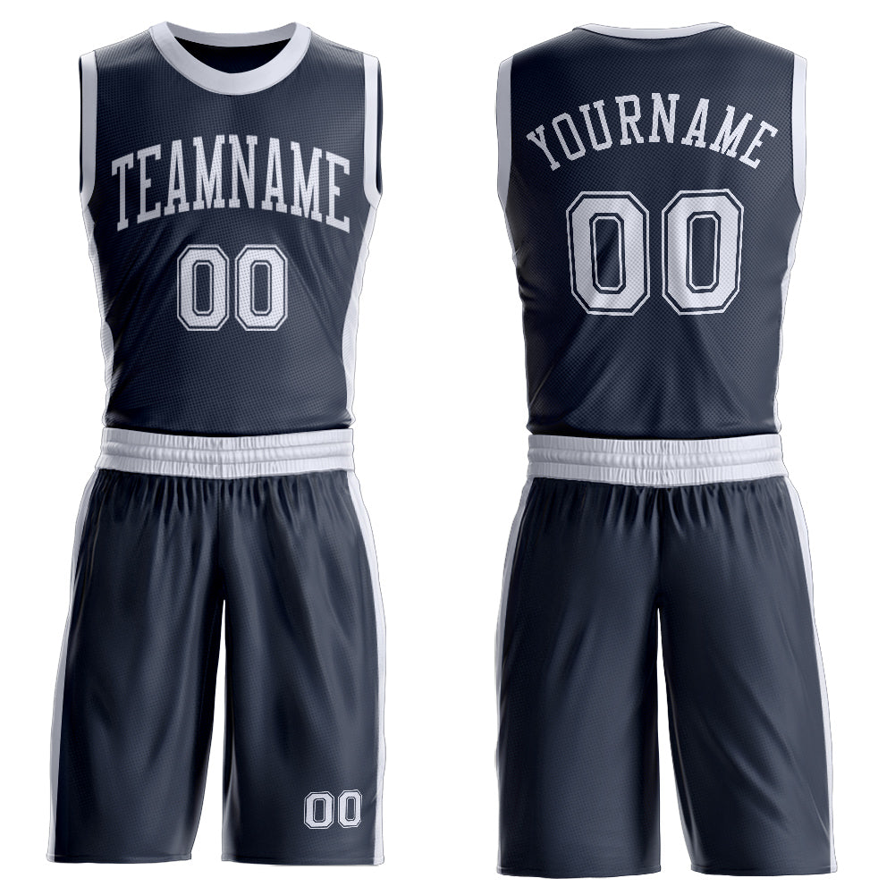 Custom Navy White Round Neck Basketball Uniform Jersey