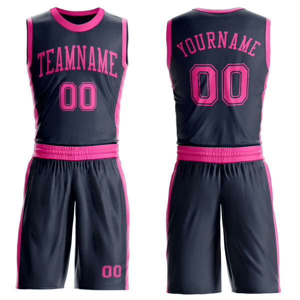 Custom Navy Pink Round Neck Basketball Uniform Jersey