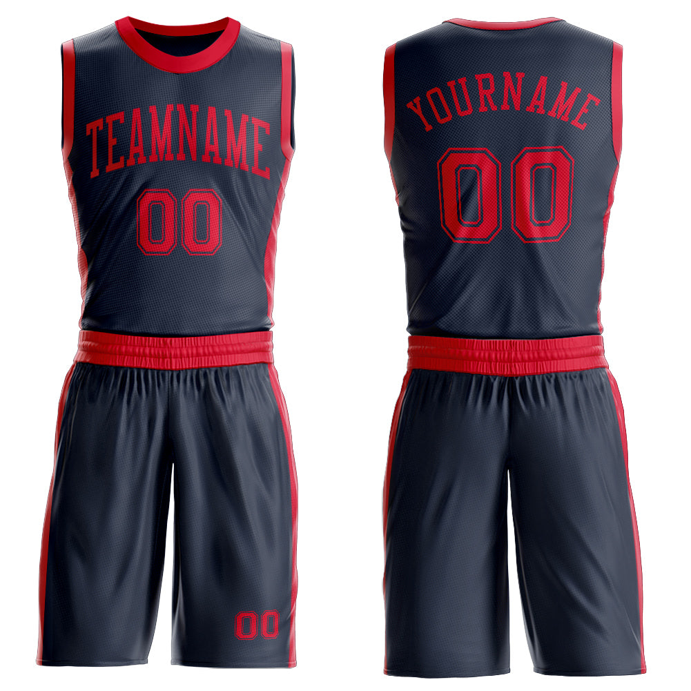 Custom Navy Red Round Neck Basketball Uniform Jersey