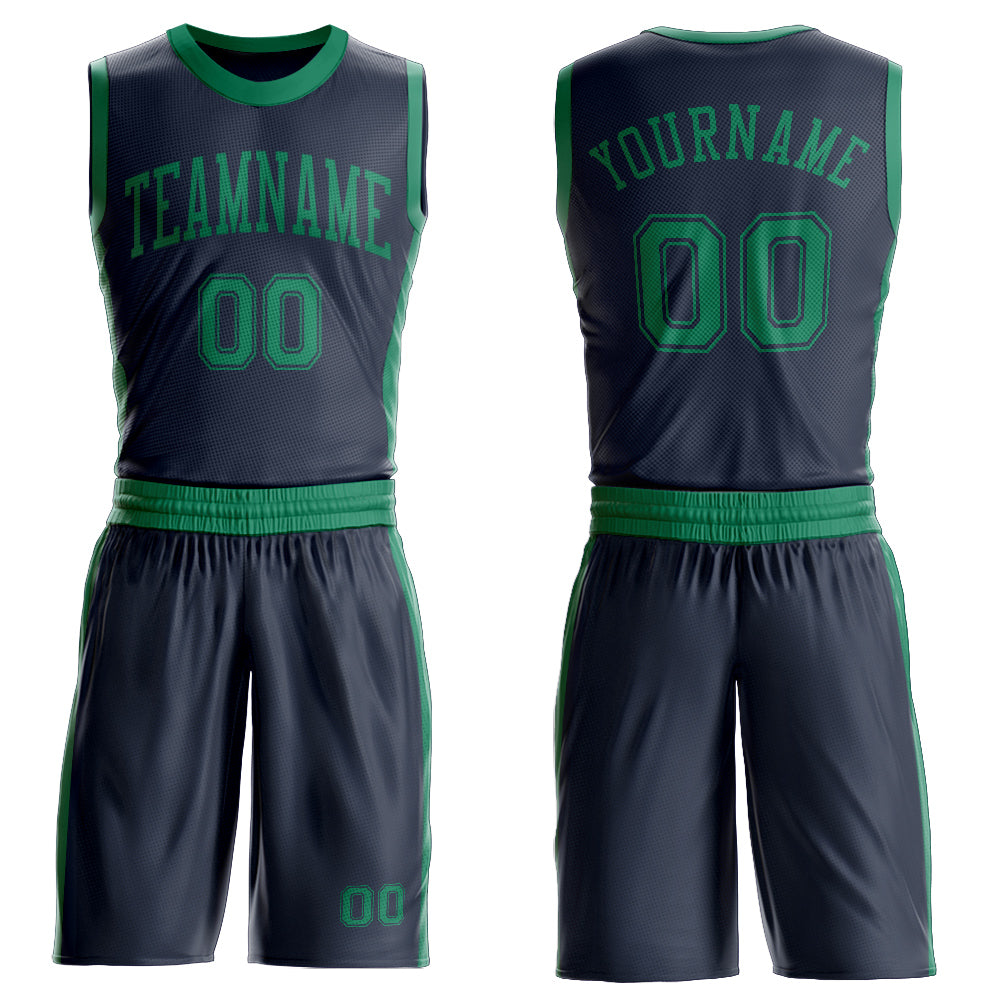 Custom Navy Kelly Green Round Neck Basketball Uniform Jersey