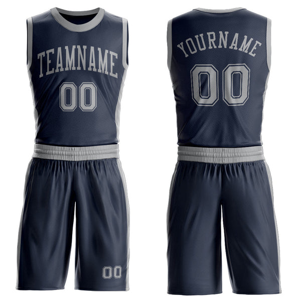 Custom Navy Gray Round Neck Suit Basketball Jersey