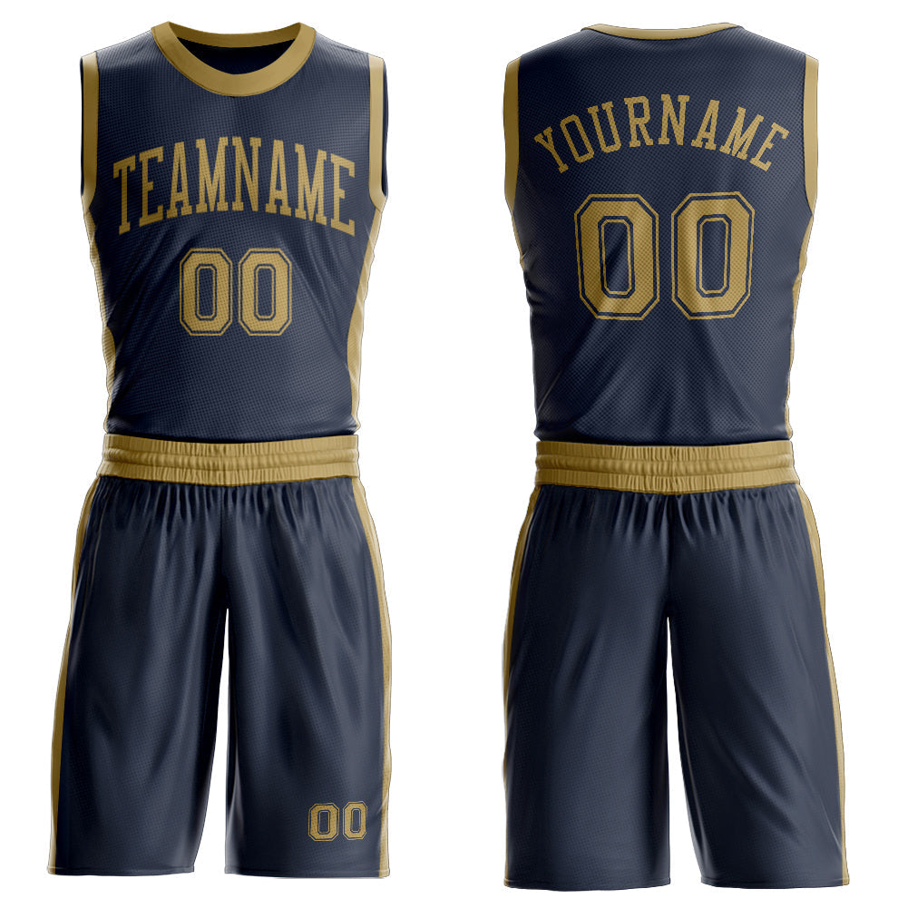 Custom Navy Old Gold Round Neck Basketball Uniform Jersey