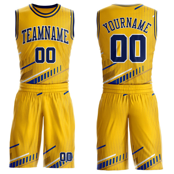 Custom Yellow Navy Royal-White Geometric Stripe Round Neck Sublimation Basketball Uniform Jersey