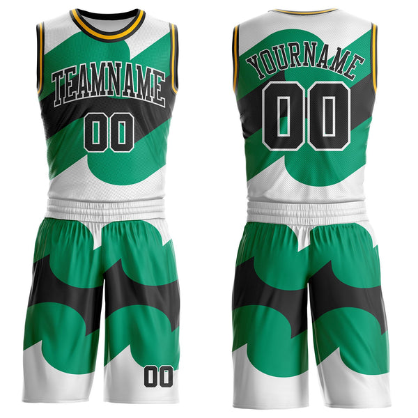 Custom White Black Green-Gold Wave Geometric Stripe Round Neck Sublimation Basketball Uniform Jersey