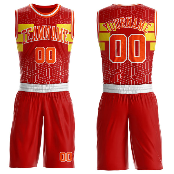 Custom Red Orange Yellow-White Geometric Maze Stripe Round Neck Sublimation Basketball Suit Jersey