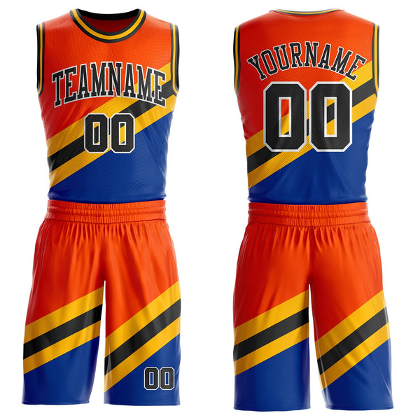 Custom Orange Black Gold Royal-White Geometric Stripe Round Neck Sublimation Basketball Uniform Jersey