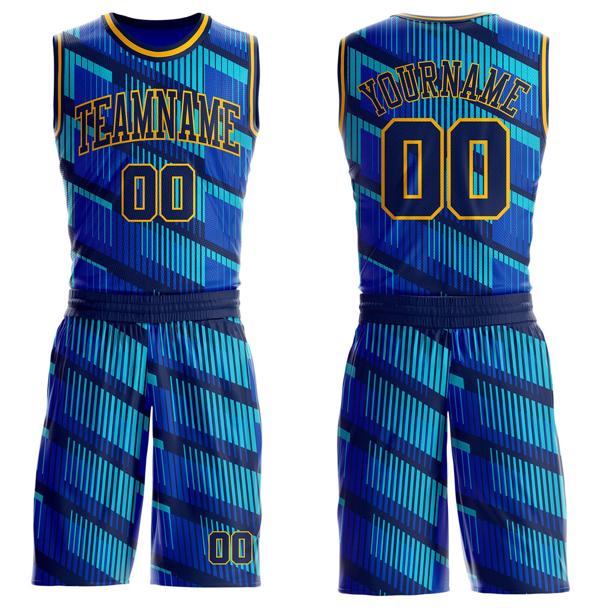 Custom Thunder Blue Navy Lakes Blue-Gold Geometric Stripe Round Neck Sublimation Basketball Uniform Jersey