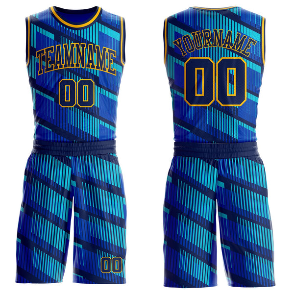 Custom Thunder Blue Navy Lakes Blue-Gold Geometric Stripe Round Neck Sublimation Basketball Suit Jersey