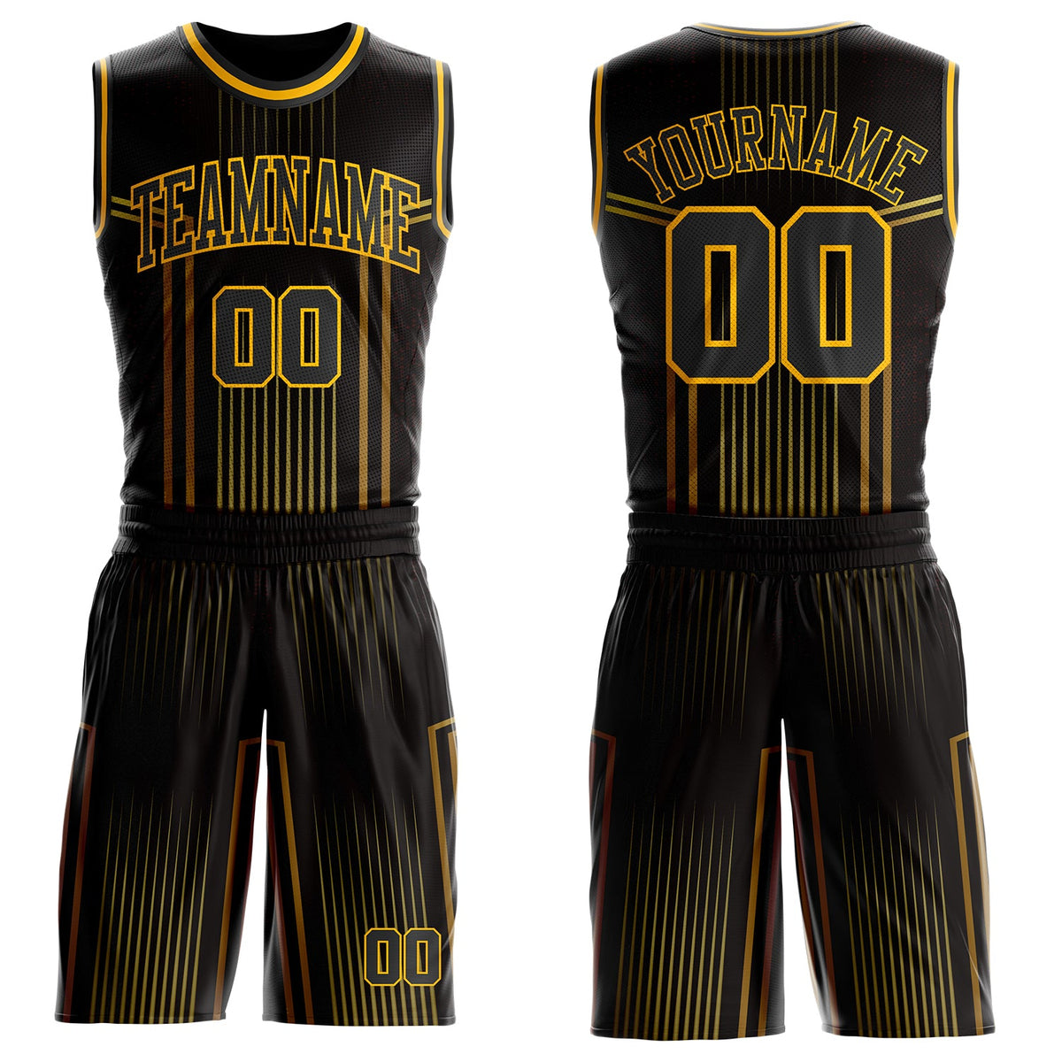 Custom Black Old Gold-Gold Vertical Stripe Gradient Round Neck Sublimation Basketball Suit Jersey
