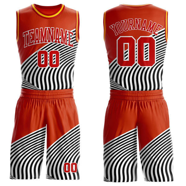 Custom Orange Red Black White-Gold Wave Stripe Round Neck Sublimation Basketball Suit Jersey
