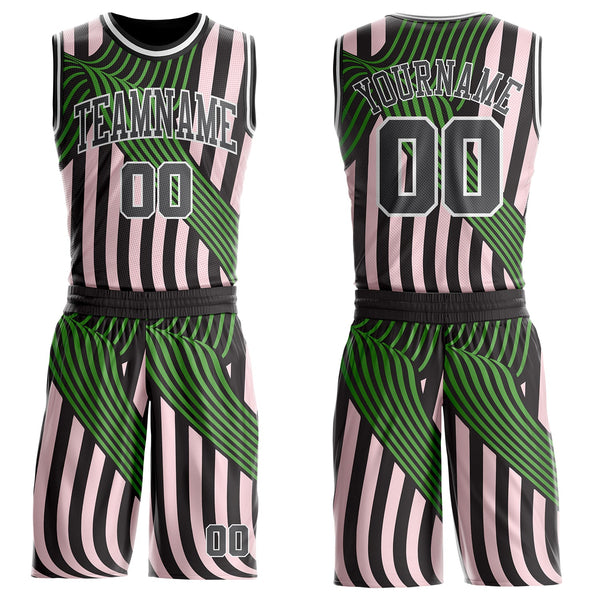 Custom Black Steel Gray Light Pink Green-White Wave Stripe Round Neck Sublimation Basketball Uniform Jersey