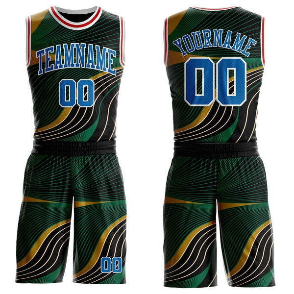 Custom Black Blue Green Old Gold White-Red Wave Stripe Round Neck Sublimation Basketball Uniform Jersey