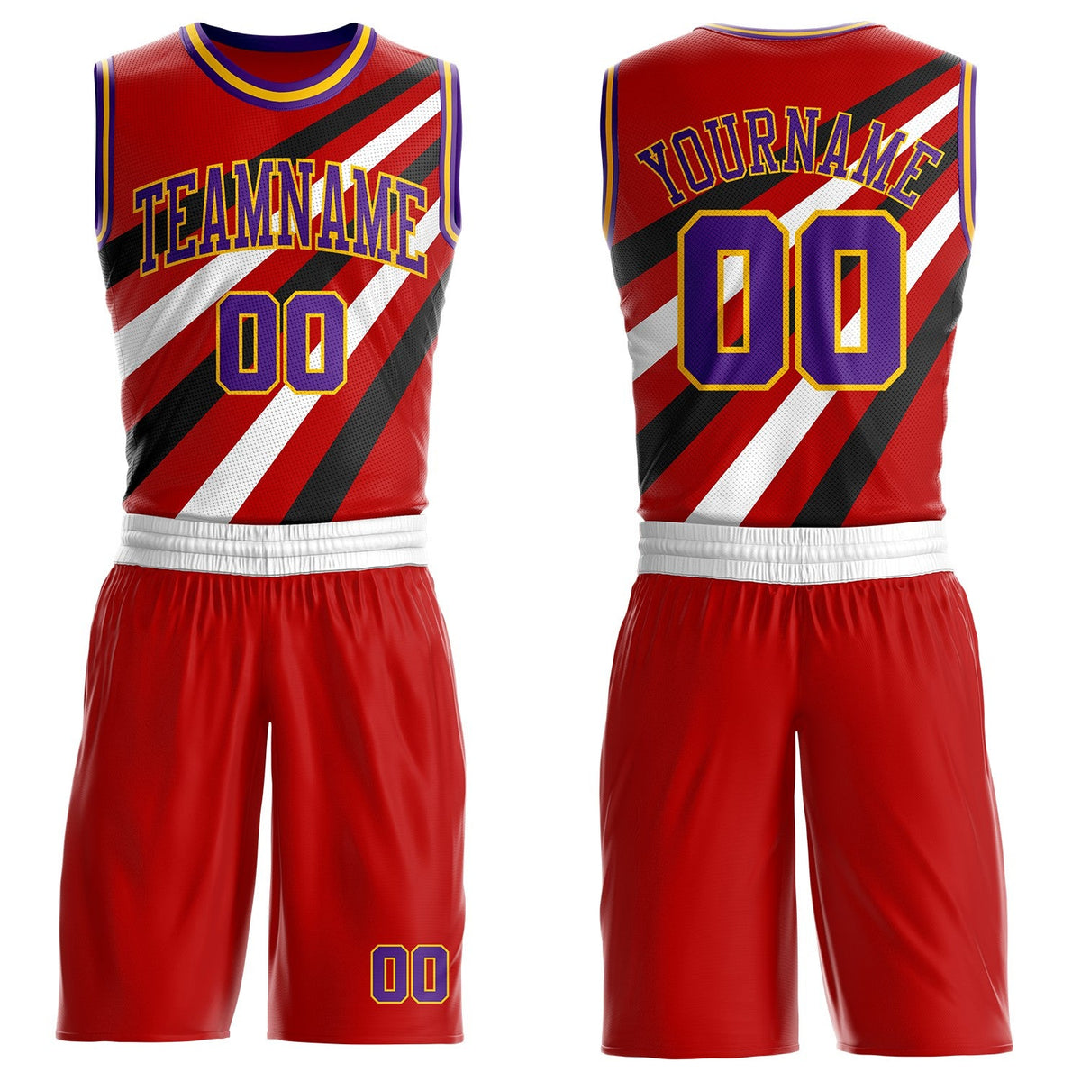 Custom Red Purple Black-Gold Diagonal Stripe Round Neck Sublimation Basketball Suit Jersey