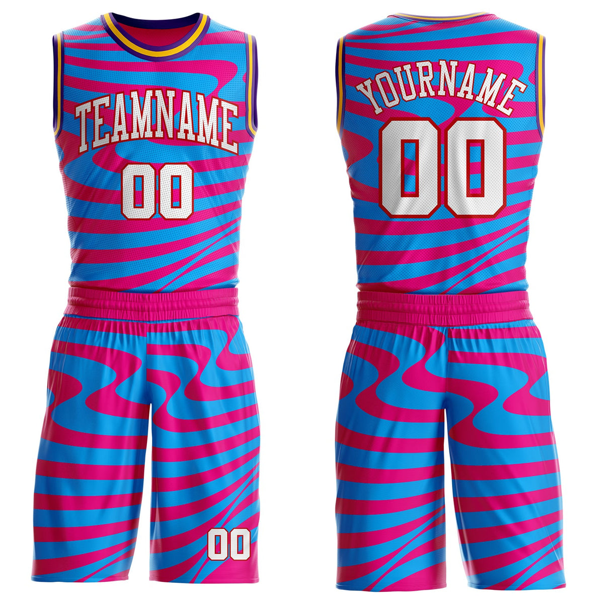 Custom Hot Pink White Blue Red Purple-Gold Wave Stripe Fluid Round Neck Sublimation Basketball Suit Jersey