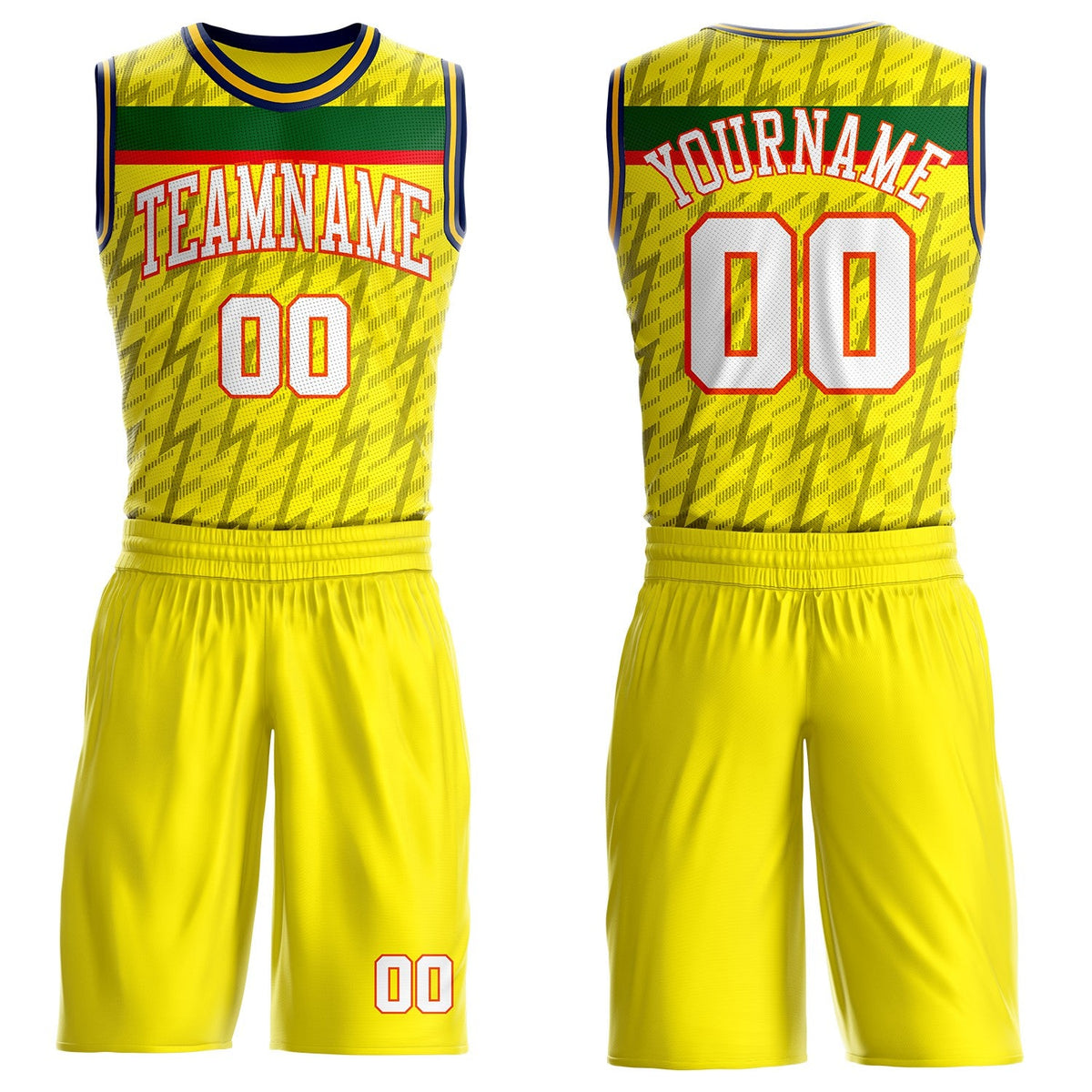Custom Yellow White Green Gray Orange-Navy Lightning Stripe Round Neck Sublimation Basketball Suit Jersey