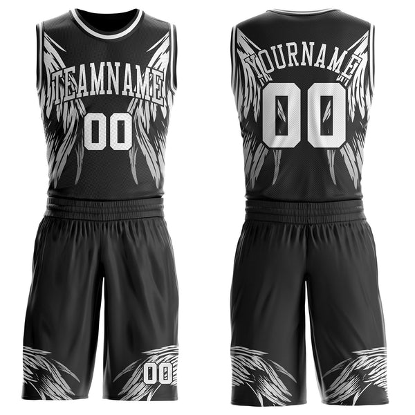 Custom Black-White Eagle Wing Boho Style Round Neck Sublimation Basketball Uniform Jersey