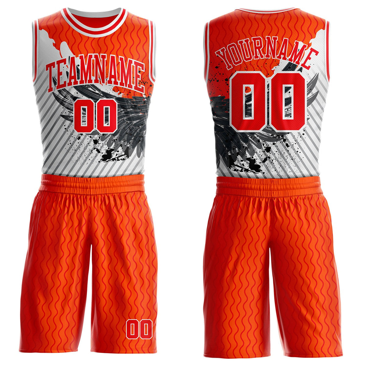 Custom Orange Fire Red Gray-White Wing Splash Ink Wave Boho Style Round Neck Sublimation Basketball Uniform Jersey