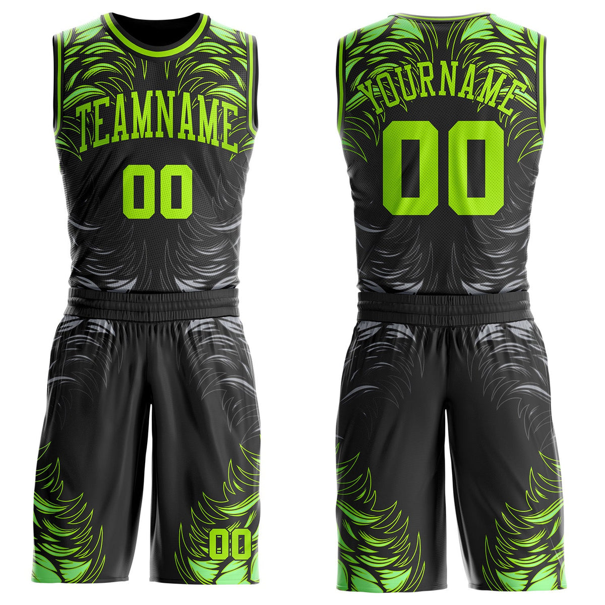 Custom Black Neon Green-Gray Feather Wing Boho Style Round Neck Sublimation Basketball Uniform Jersey