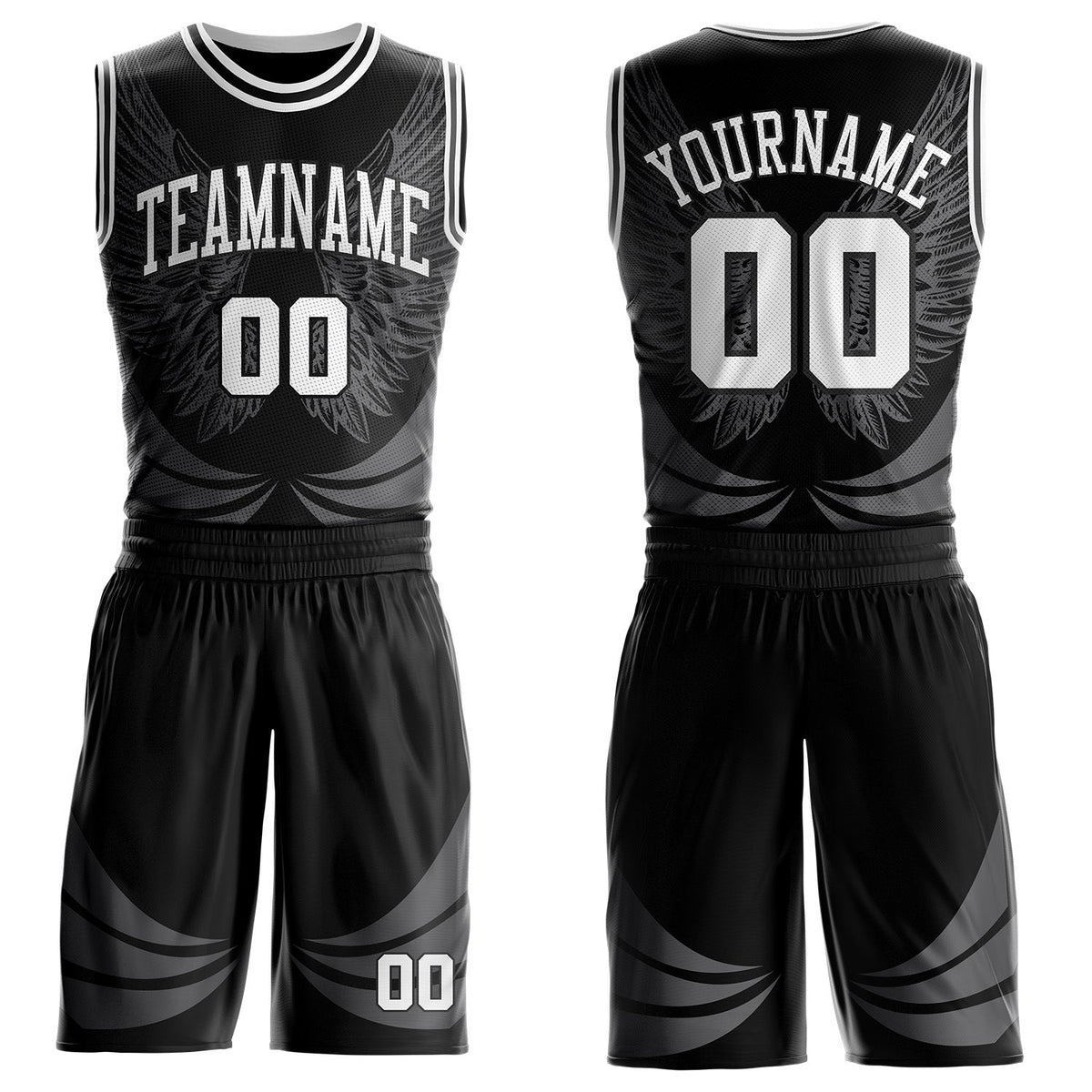 Custom Black-White Feather Wing Boho Style Round Neck Sublimation Basketball Uniform Jersey