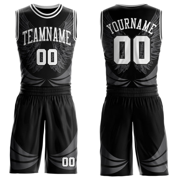 Custom Black-White Feather Wing Boho Style Round Neck Sublimation Basketball Uniform Jersey